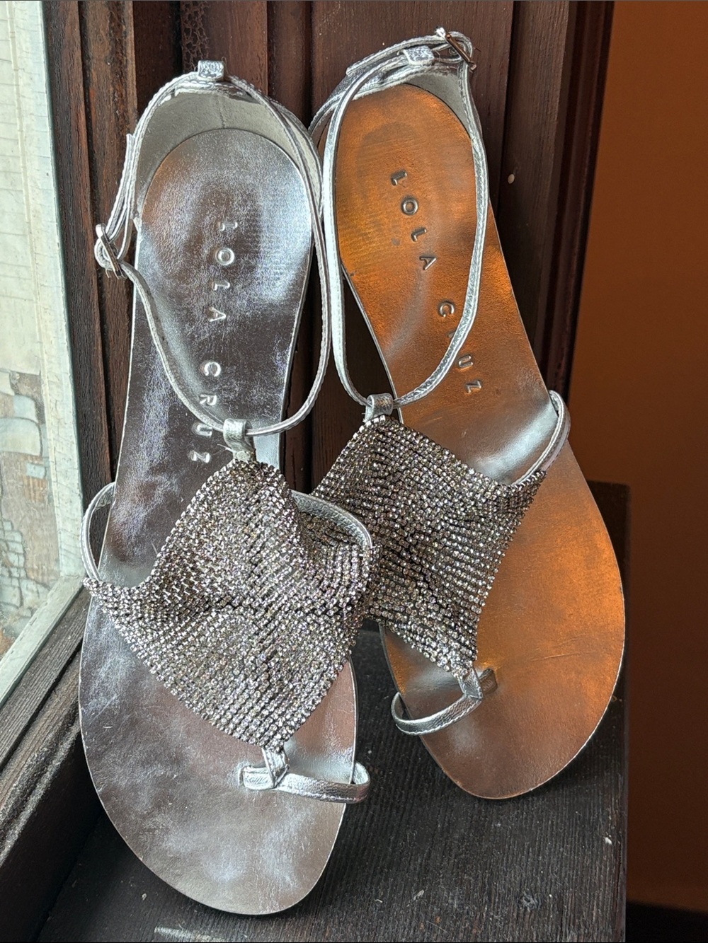 Lola Cruz silver crystal rhinestone mesh flat sandal Size 9.5 European Size 40